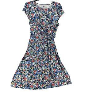 Lands End Dress Womens L Floral Tie Waist Colorful Soft Cotton Modal Stretch